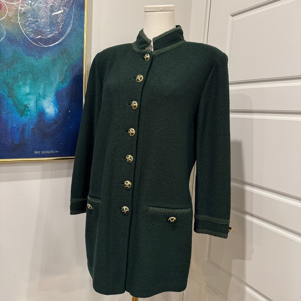 St. John Dark Green Button-Front Long Blazer